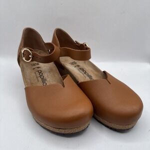 Papillio by Birkenstock Wedge Mary Jane Clog Shoes Tan Leather Buckle 39 Women 8